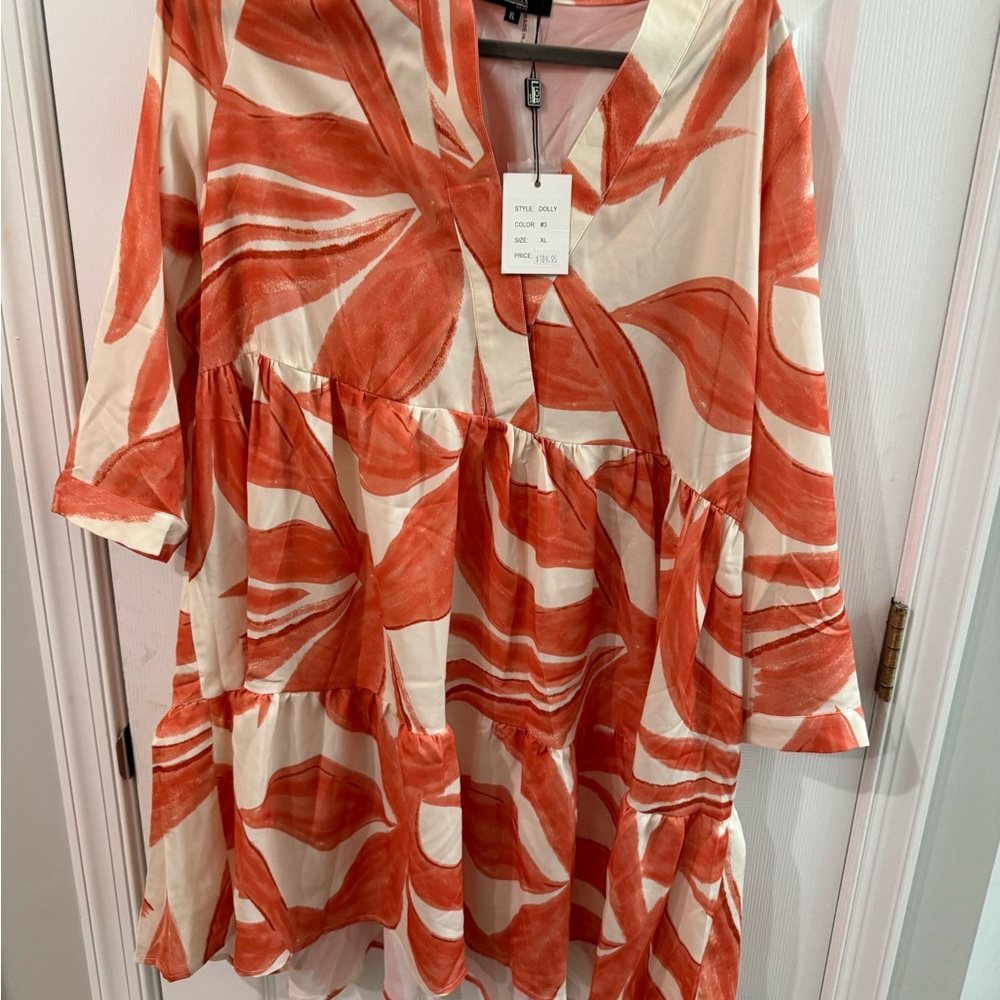 Elegant Orange and Cream Long Sleeve Dress